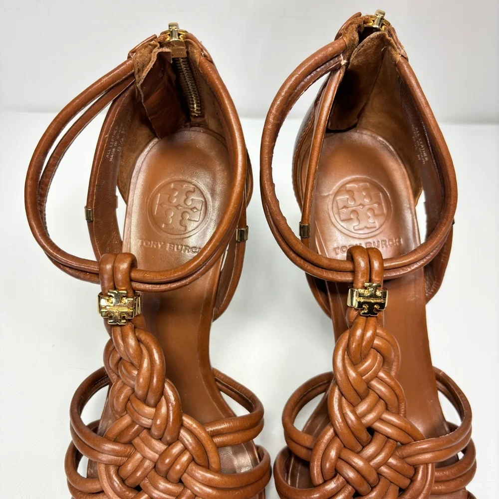 Tory Burch Brown Strappy Braided Leather Heels Size 8.5